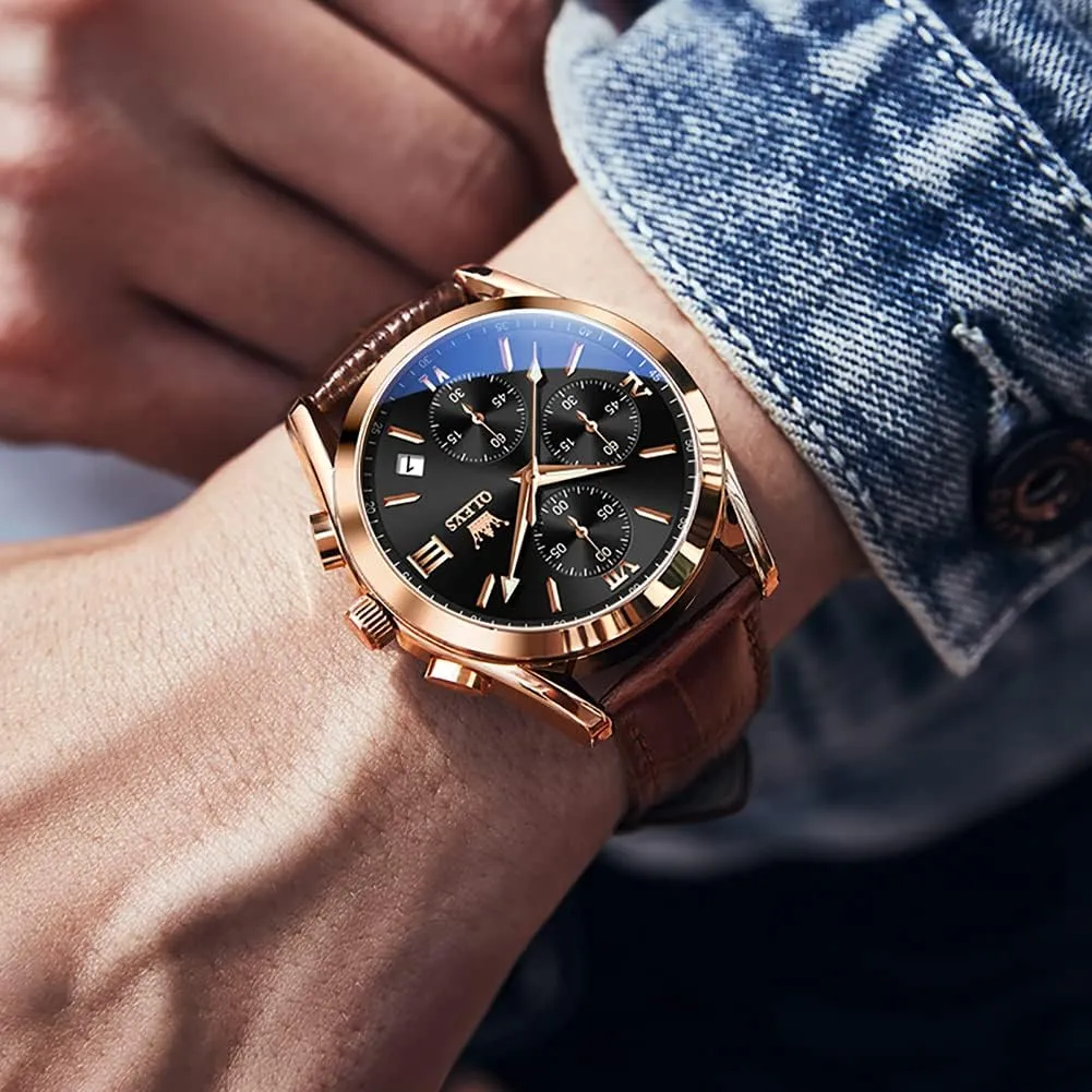Men Watch Day Date Luminous Waterproof Casual Male Wrist Watch Black/Blue/White Dial OLEVS Watch for Men Chronograph Brown Leather Gold Case Analog Quartz Fashion stack Business Dress Large Face 