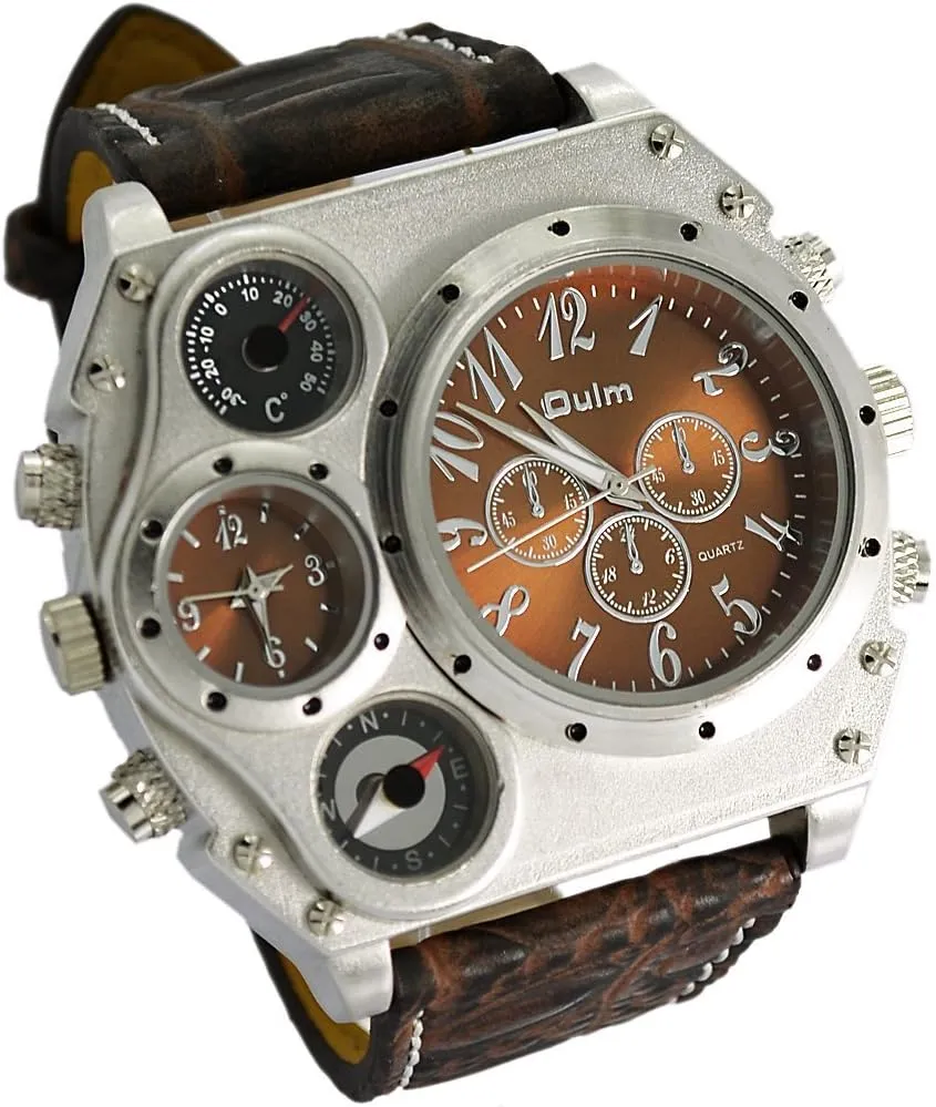 Men Watch Oulm Compass Outdoor Sports Watches Analog Dark Brown leadership modulation misery haul forget Leather Strap Four Sub-dials 