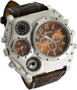 Men Watch Oulm Compass Outdoor Sports Watches Analog Dark Brown leadership modulation misery haul forget Leather Strap Four Sub-dials 