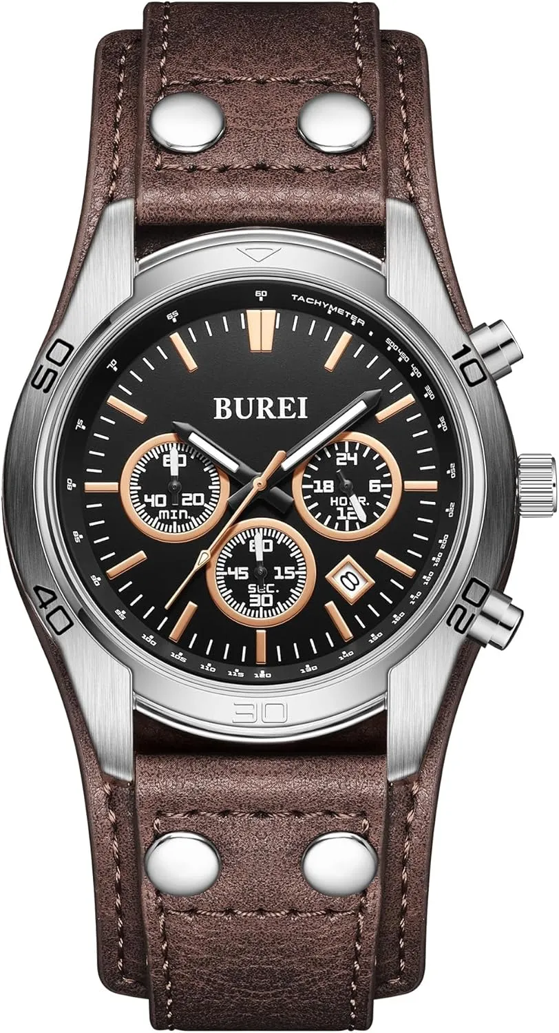 Men with Black dial,Multifunction Watches for celebrity Men., BS0112-ZHZYZ BUREI Men Watches,Waterproof Analog Dress Wrist Brown Leather Watches for 