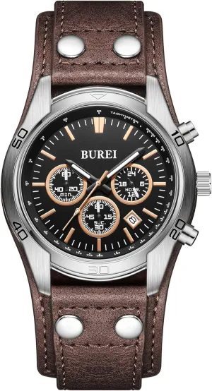 Men with Black dial,Multifunction Watches for celebrity Men., BS0112-ZHZYZ BUREI Men Watches,Waterproof Analog Dress Wrist Brown Leather Watches for 