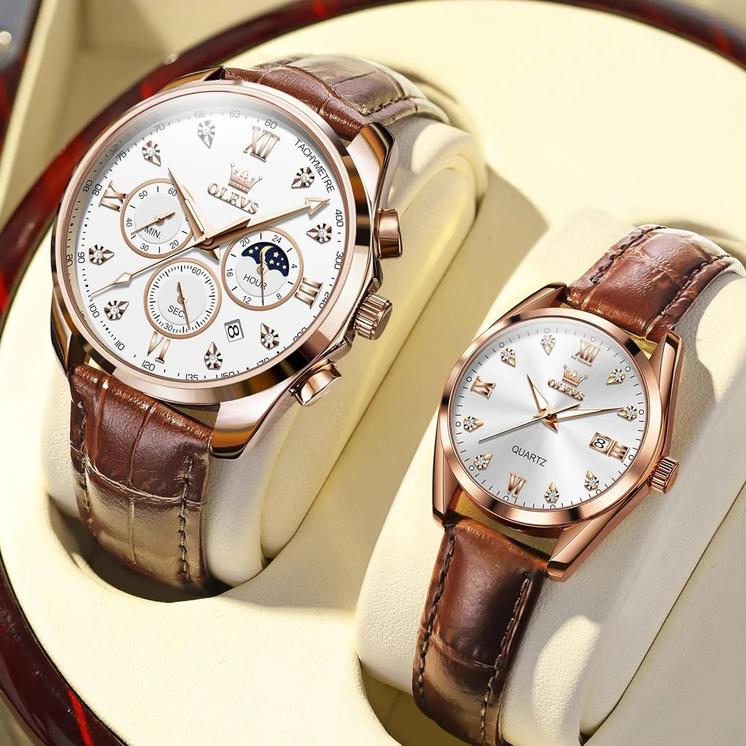 Men Women plank mathematics Lovers Wedding Romantic Gifts Set of 2 OLEVS Valentines Couple Pair Quartz Watches His and Her Couple Set Leather Chronograph Diamond Wrist Watch 