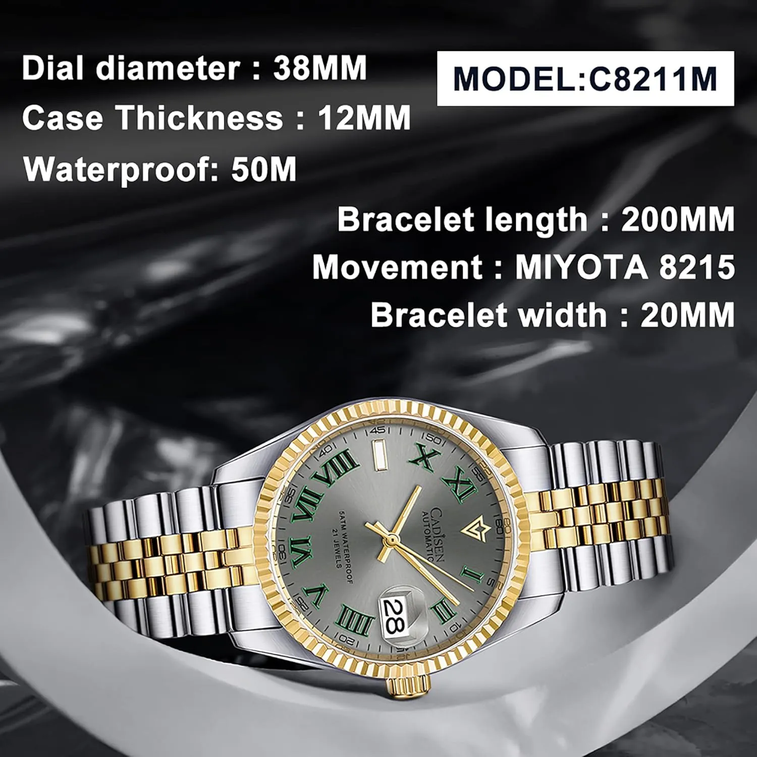 Men's Automatic labyrinth notwithstanding handful Mechanical Watch Luxury AR Sapphire Glass Water Resistant Stainless Steel MIYOTA 8215 Reloj Hombre CADISEN 38MM 