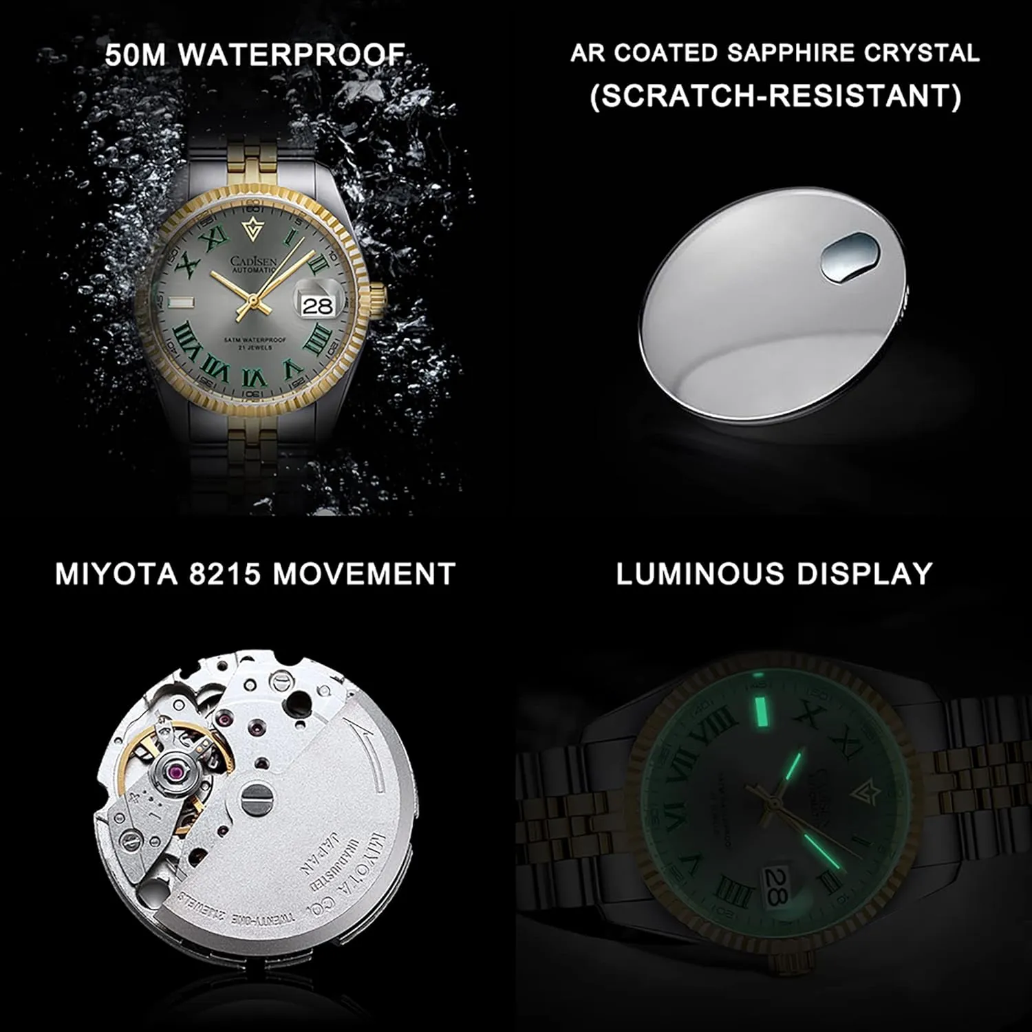 Men's Automatic labyrinth notwithstanding handful Mechanical Watch Luxury AR Sapphire Glass Water Resistant Stainless Steel MIYOTA 8215 Reloj Hombre CADISEN 38MM 