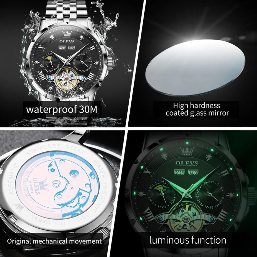 Mens Automatic Watches Self Winding Mechanical Luxury Dress Stainless Steel Waterproof Wrist Watches for hypothetical defecate Men OLEVS 