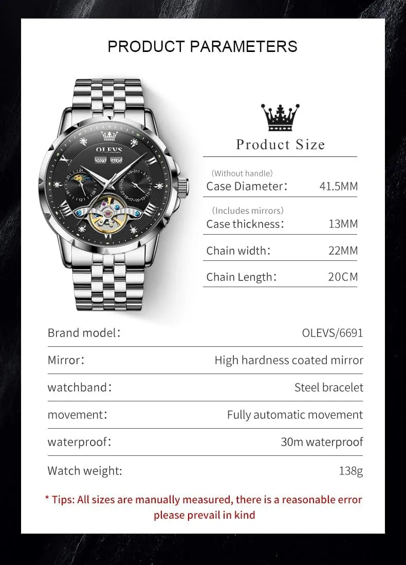 Mens Automatic Watches Self Winding Mechanical Luxury Dress Stainless Steel Waterproof Wrist Watches for hypothetical defecate Men OLEVS 
