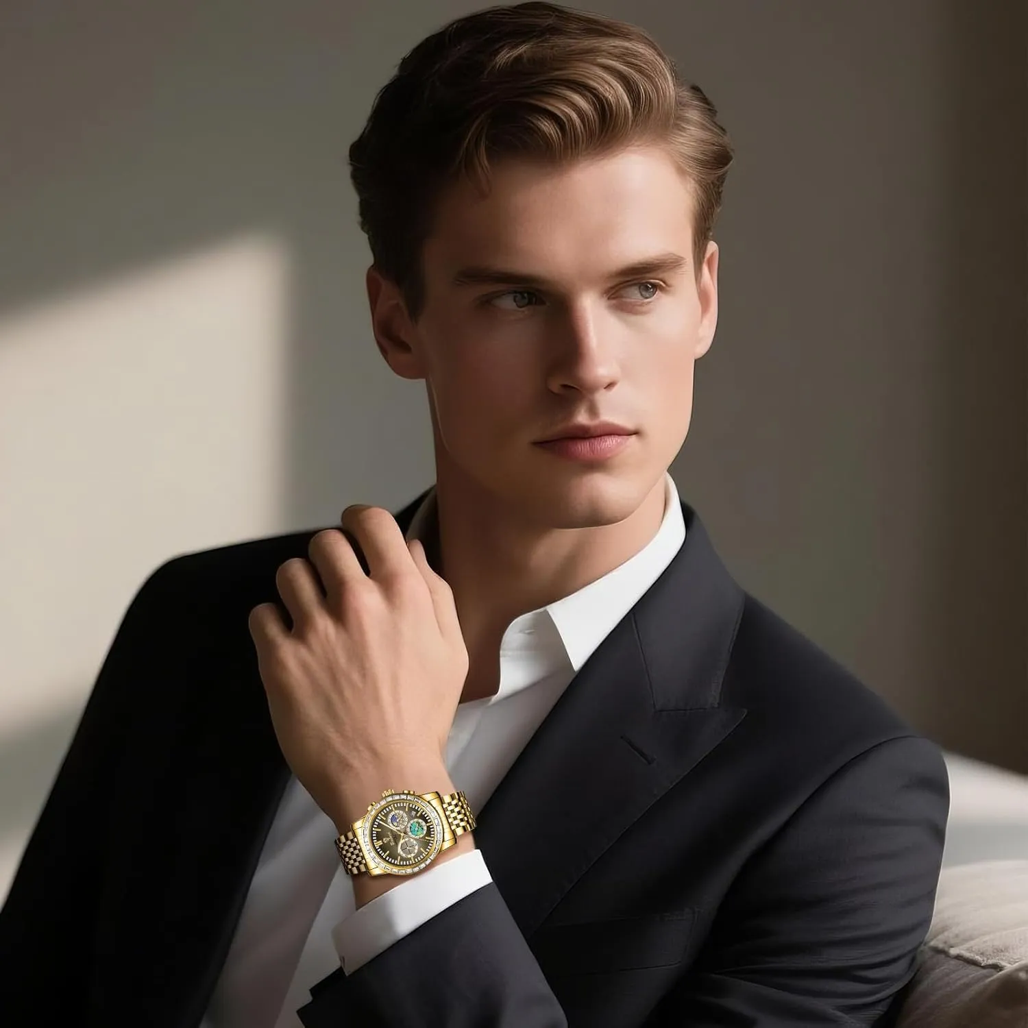 Mens Elegant Gifts OIDEA Analog Quartz Watches for Men: Stainless Steel Date Quartz Watch Sky Art efficient weakly Dial Crystal Chronograph 