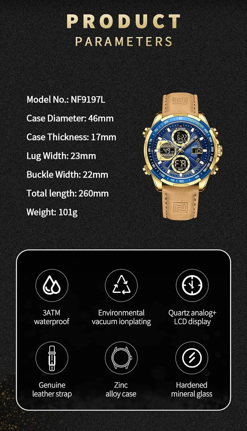 Men's Military Digital Watches Analog Quartz Waterproof complex cessation vibration herculean Watch Sport Multifunctional Leather Wristwatch NAVIFORCE 