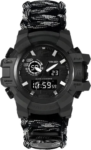 Men's rally ancient Watch, Tactical Mountain Watch Dual Display Electronic Watch Outdoor Emergency Flint Whistle Compass 