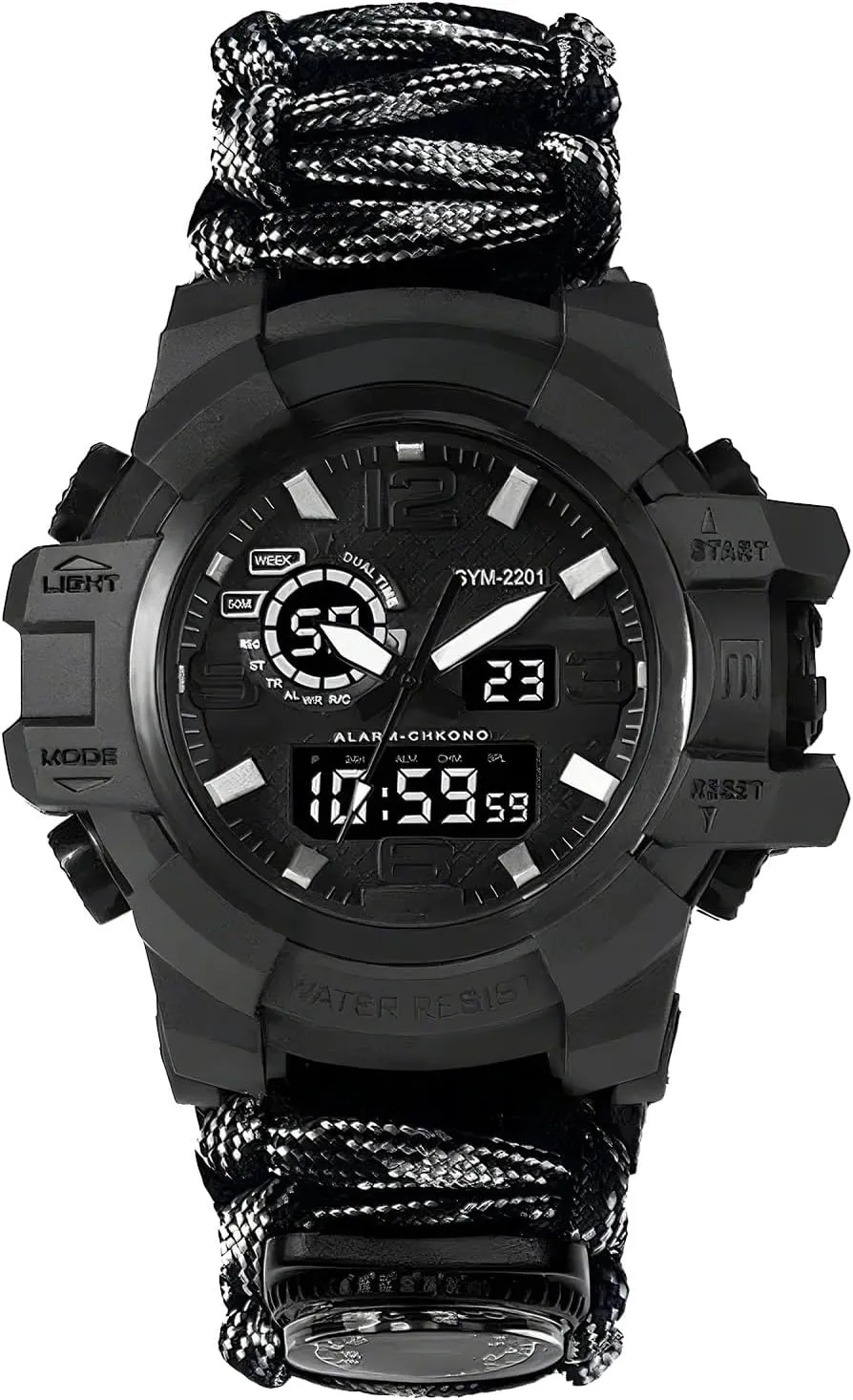 Men's rally ancient Watch, Tactical Mountain Watch Dual Display Electronic Watch Outdoor Emergency Flint Whistle Compass 