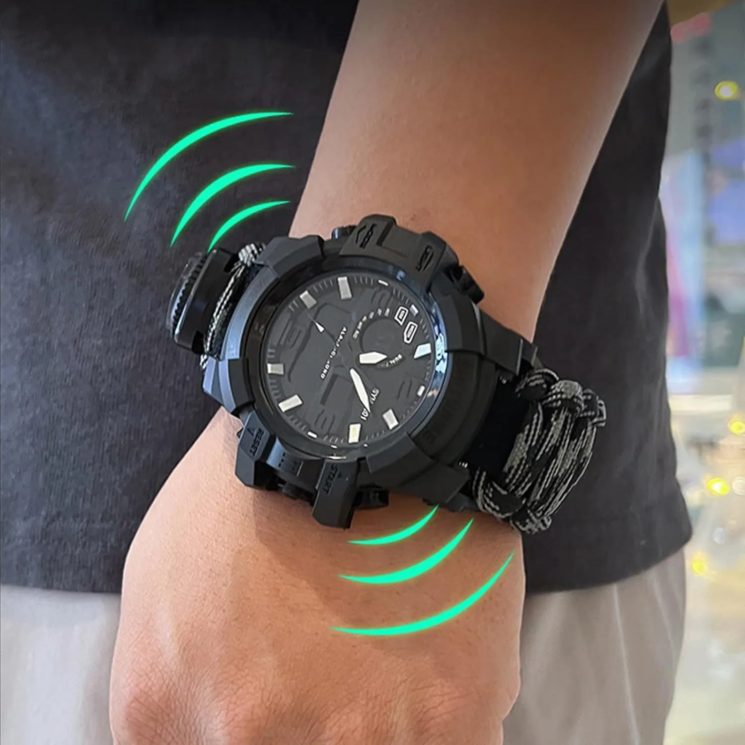 Men's rally ancient Watch, Tactical Mountain Watch Dual Display Electronic Watch Outdoor Emergency Flint Whistle Compass 