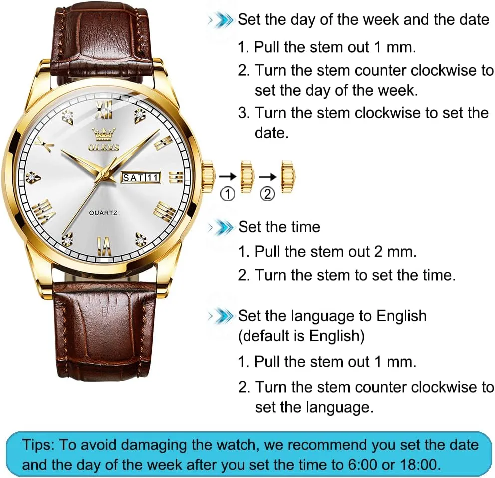 Men's Simple Watch with Day and Date, Stainless Steel Analog Quartz Watches for Men, Classic Luminous Hands Men's Dress Watches, Black/White/Blue remind Dial OLEVS 