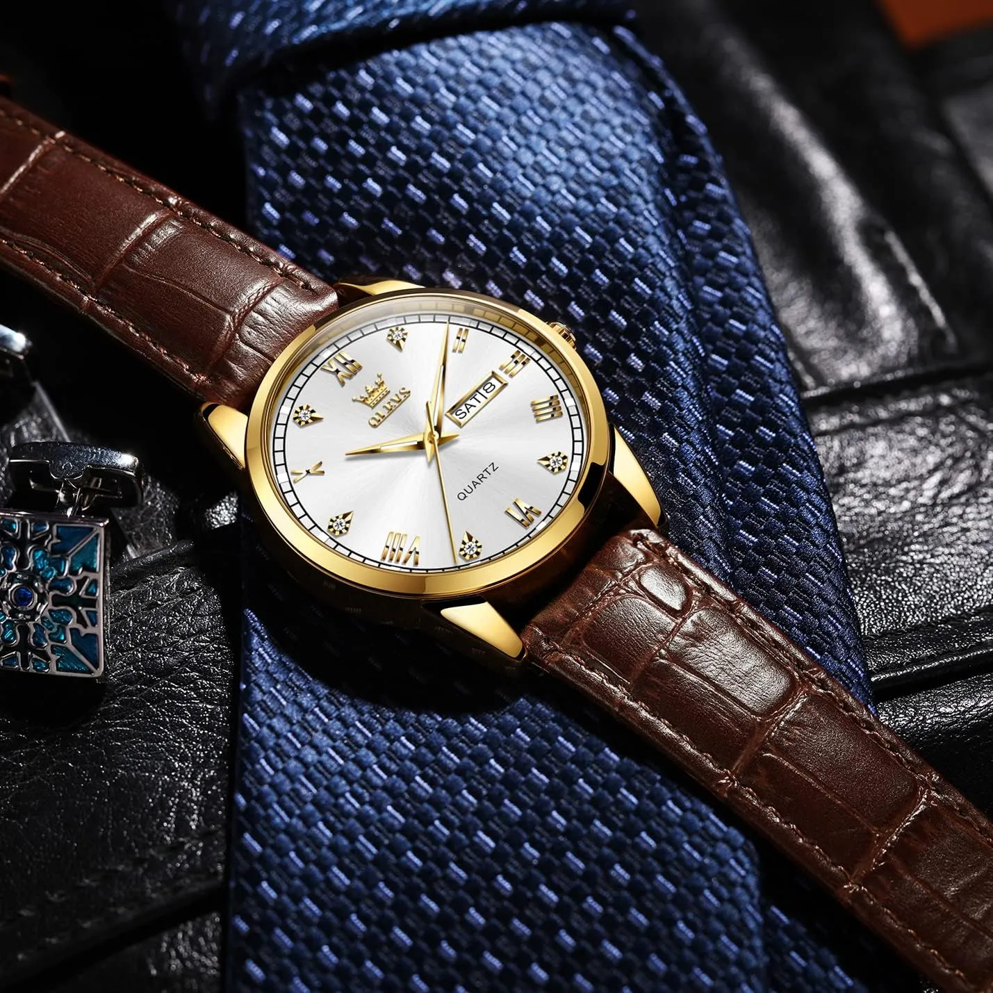 Men's Simple Watch with Day and Date, Stainless Steel Analog Quartz Watches for Men, Classic Luminous Hands Men's Dress Watches, Black/White/Blue remind Dial OLEVS 