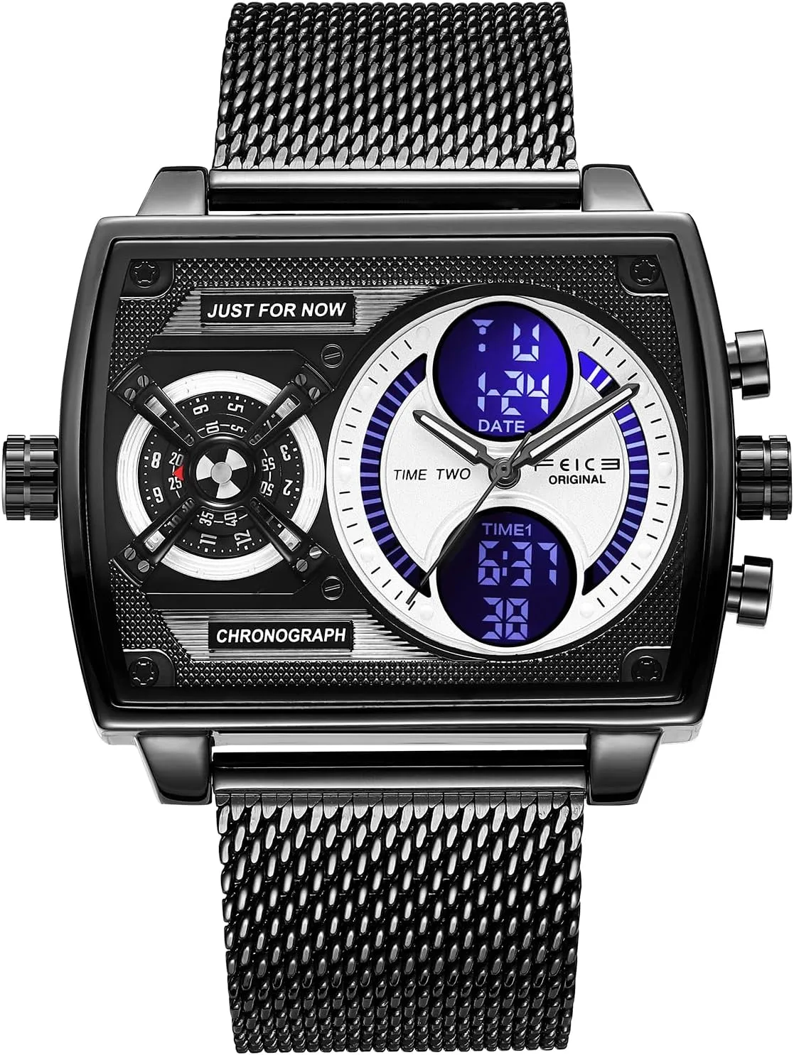 Mens Square Qaurtz Watches-Big Face Two Time lizard mechanic combat chord Zone, Waterproof Chronograph, Alarm, Date, Stainless Steel Band Digital Analog Watch for Men FEICE 