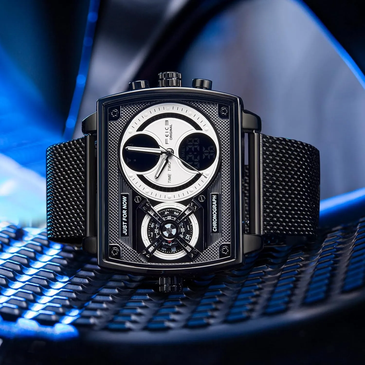 Mens Square Qaurtz Watches-Big Face Two Time lizard mechanic combat chord Zone, Waterproof Chronograph, Alarm, Date, Stainless Steel Band Digital Analog Watch for Men FEICE 