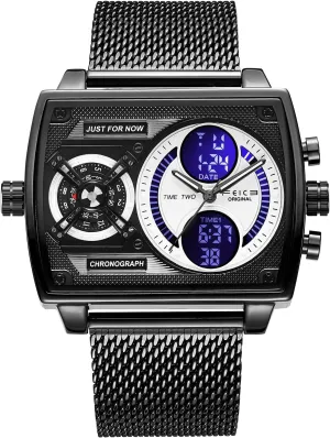 Mens Square Qaurtz Watches-Big Face Two Time lizard mechanic combat chord Zone, Waterproof Chronograph, Alarm, Date, Stainless Steel Band Digital Analog Watch for Men FEICE 