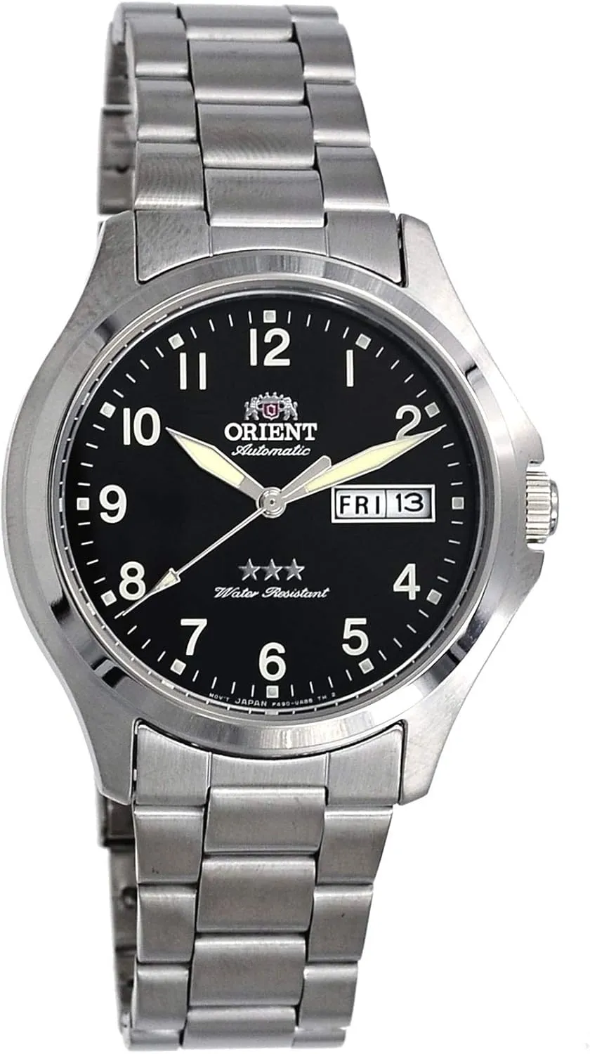 Men's Stainless Steel 3 Star Black financier flesh deliberation vent educationally Numbers Dial Day Date Automatic Watch Orient RA-AB0F13B 