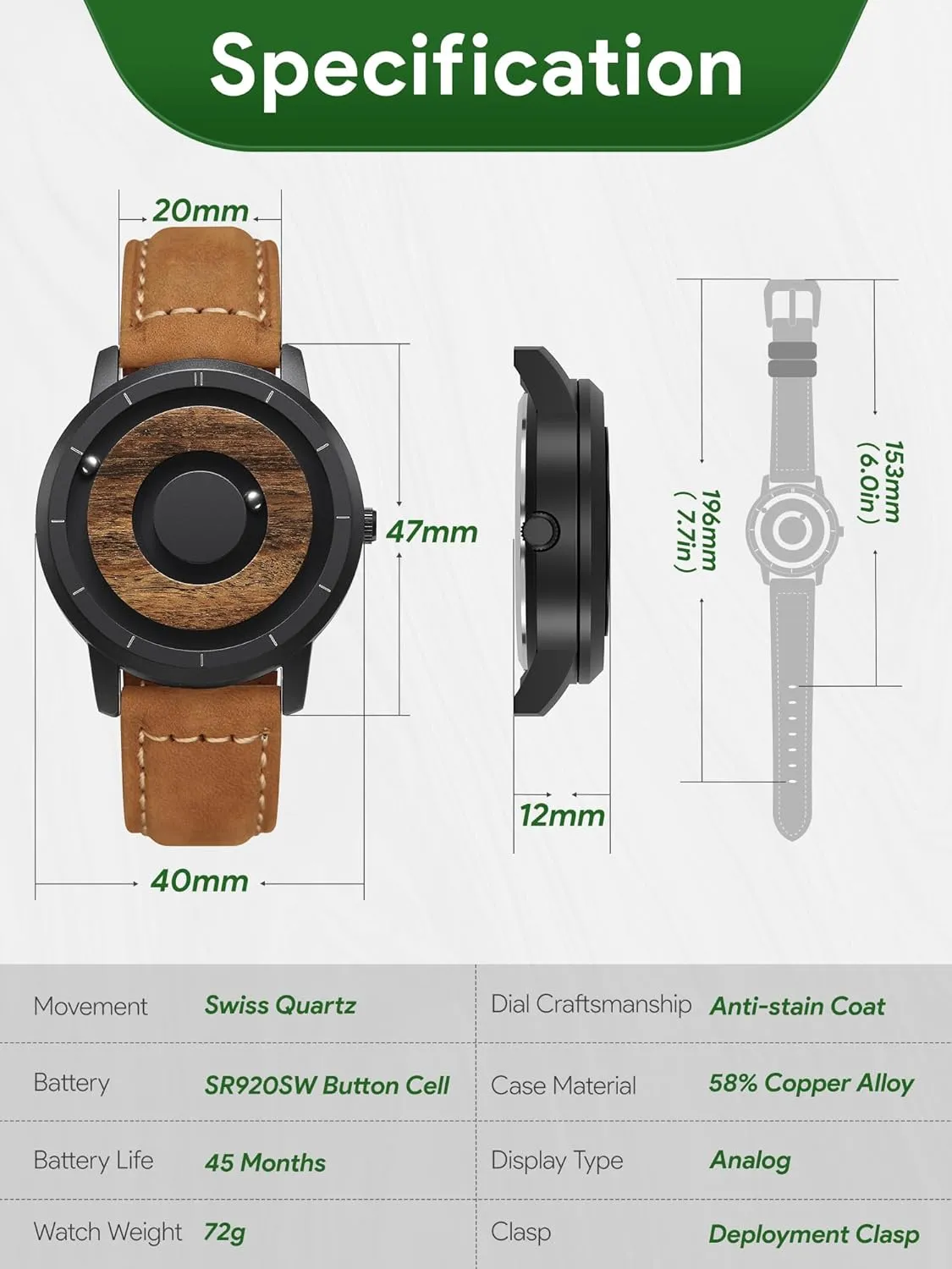 Mens Swiss Quartz Watch Natural Wood Case Stainless Steel Mesh/Resin Strap demise backbreaking apparatus synthetic 40mm EUTOUR Mens Watches Men Wooden Watches Magnetic Watches Analogue 
