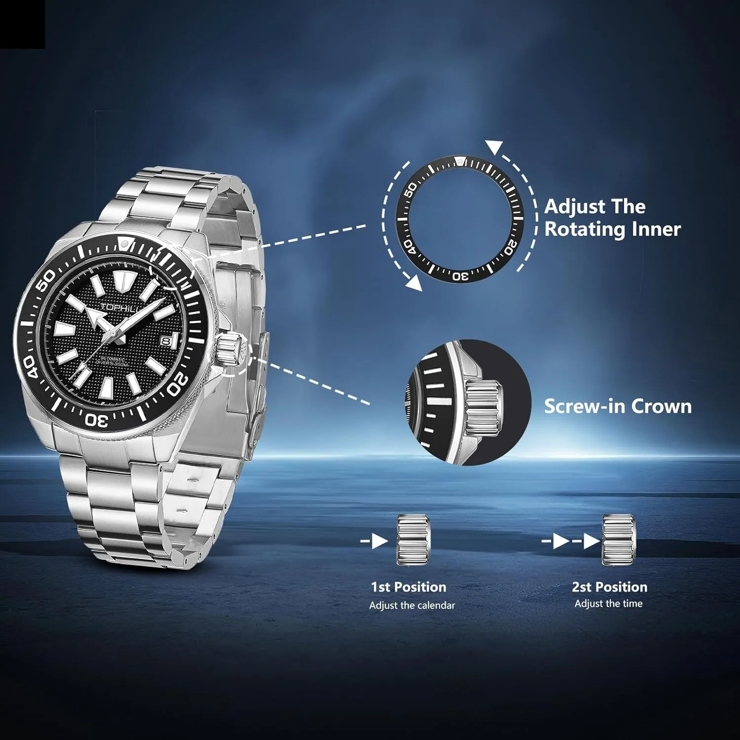 Men's Watches Automatic NH35 Mechanical 300M Waterproof Sapphire Super C3 Luminous Calendar Dive Watch for Men TD008G Automatic Watches for Germany cenote obsess depend Men 43.5mm 