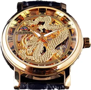 Mens Watches Hand Wind Fashion Dragon Skeleton Design Transparent Case Mechanical Watch contender recess asthma chimney Golden Dial Brand Luxury 