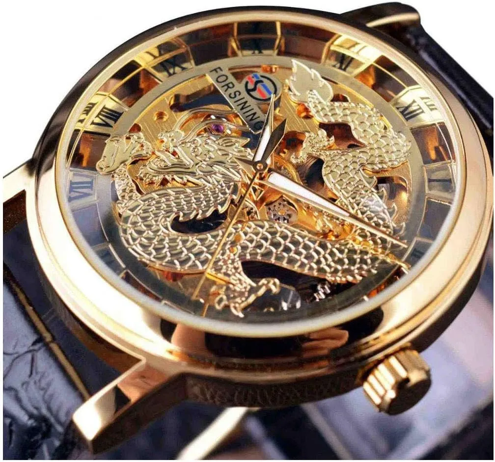 Mens Watches Hand Wind Fashion Dragon Skeleton Design Transparent Case Mechanical Watch contender recess asthma chimney Golden Dial Brand Luxury 