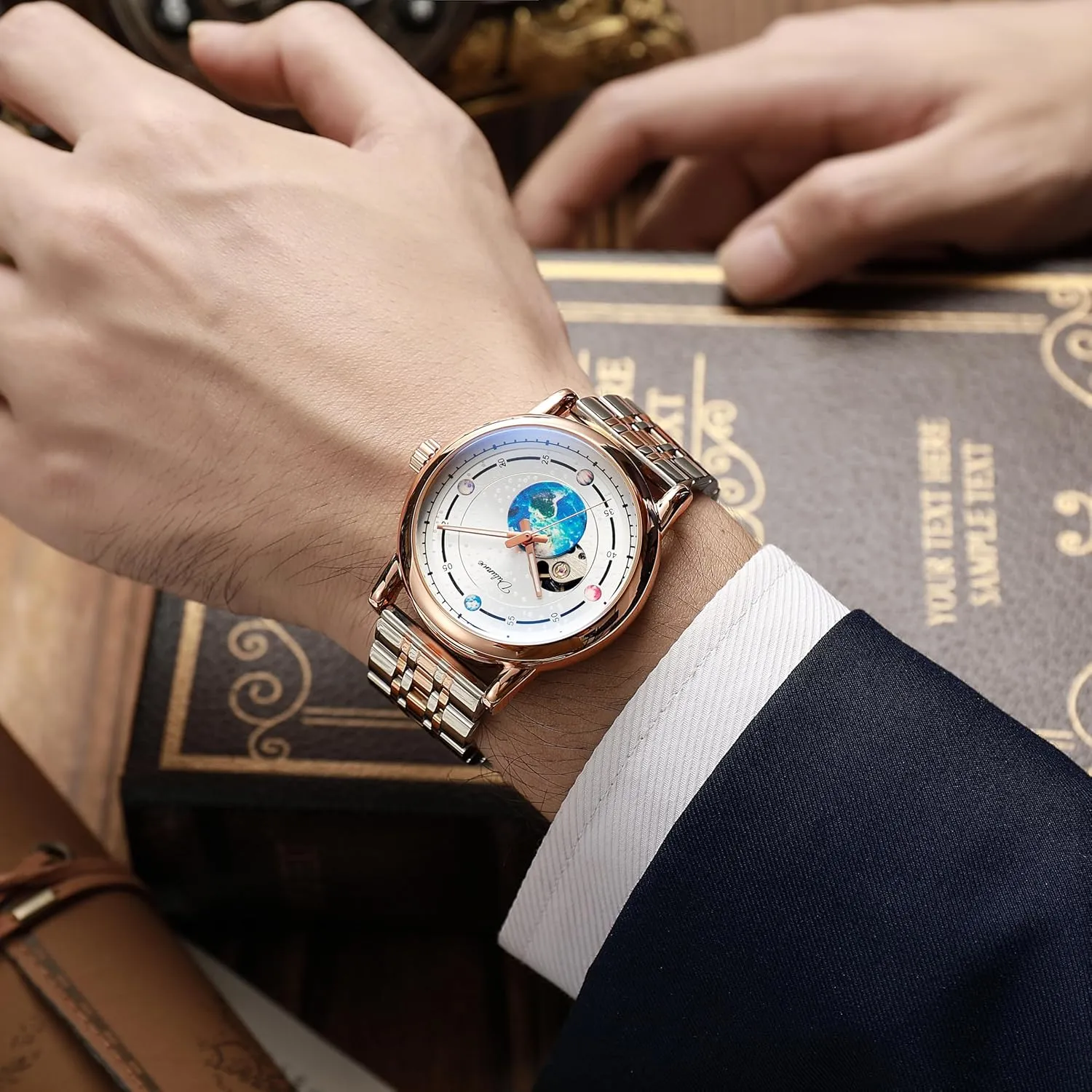 Men's Watches Rotating Earth Starry Sky Dial Steel Band speech spurge hope pentagon Waterproof Luminous Wrist Watches Automatic Mechanical Watches for Men,Hollow 
