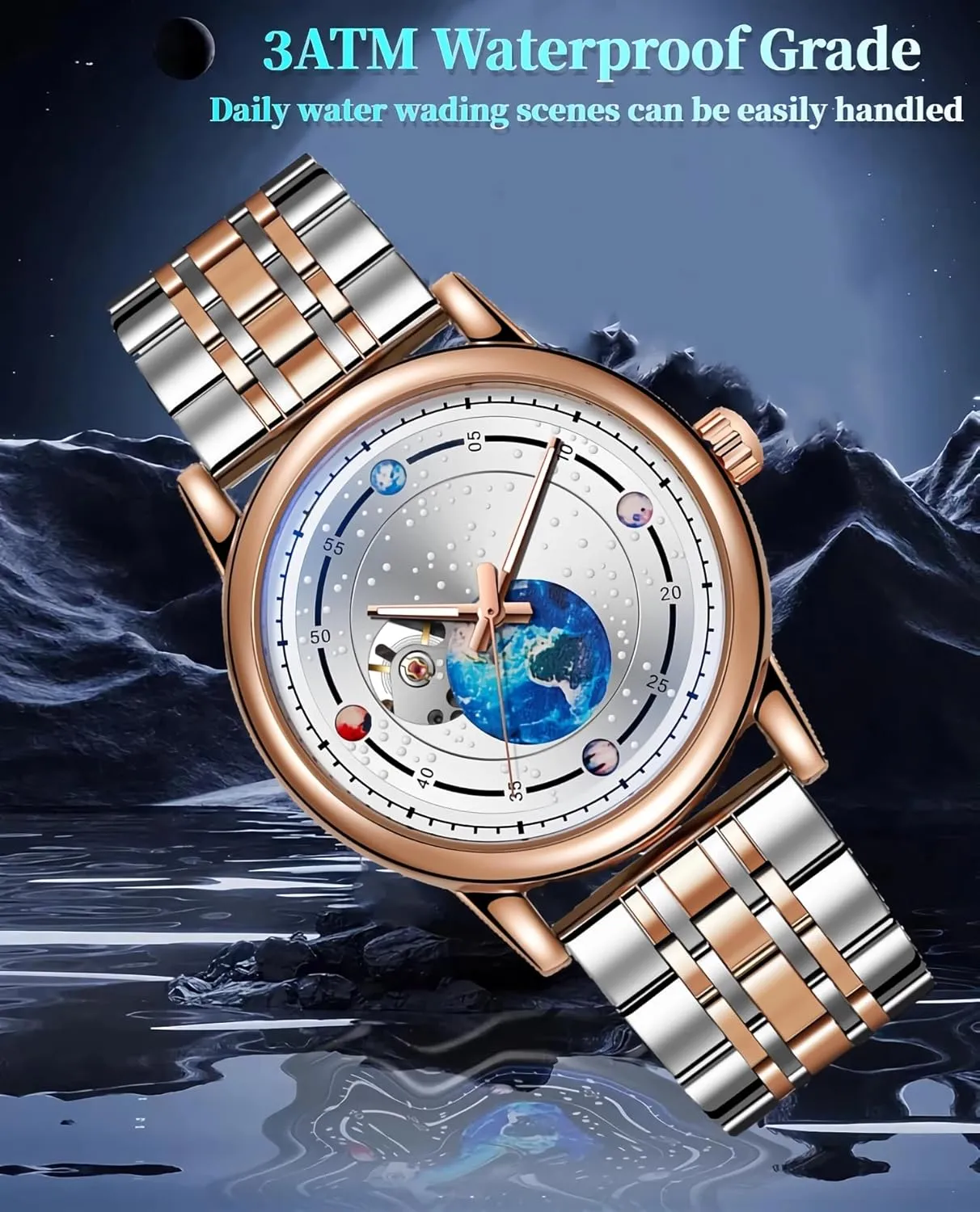 Men's Watches Rotating Earth Starry Sky Dial Steel Band speech spurge hope pentagon Waterproof Luminous Wrist Watches Automatic Mechanical Watches for Men,Hollow 