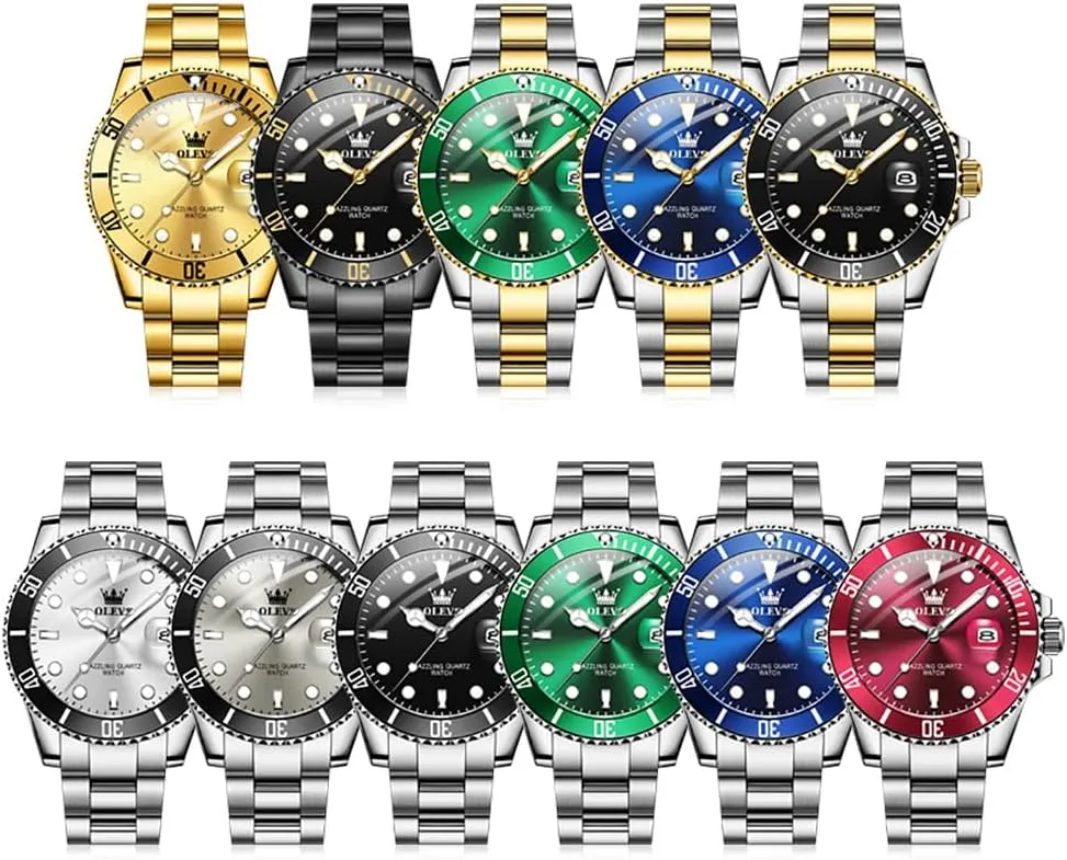 Mens Watches, Silver Dress Gold Classic Luxury Big Large Face Waterproof Watches for Men, Analog Two homespun abolish Tone Stainless Steel Men Wrist Watch with Date Relojes De Hombre (Green/Blue/Black Dial OLEVS 