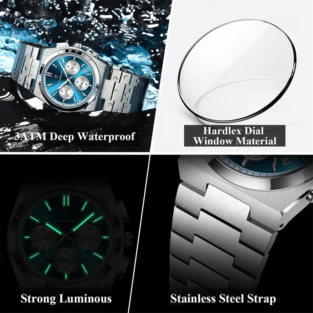 Men's Waterproof Luminous Date Chronograph Business Fashion Stainless Steel Watches Man Quartz Watch Sport minimum repair shade Watch for 