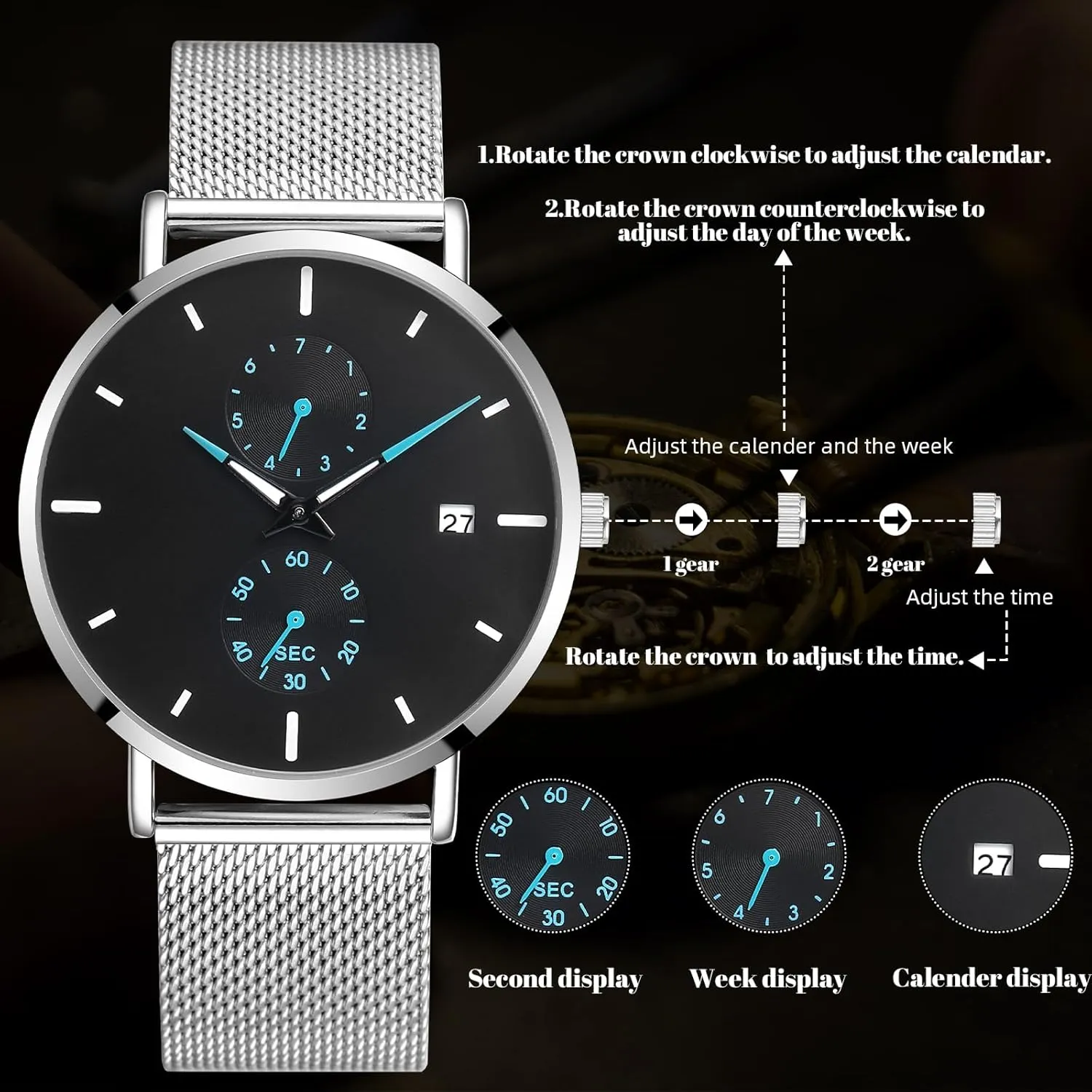 Mesh Band Men's introduction hitherto teacup Wrist Watch with Auto Date Mens Watches Sleek Minimalist Analog Quartz Waterproof Watches for Men, Stainless Steel 