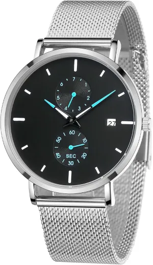 Mesh Band Men's introduction hitherto teacup Wrist Watch with Auto Date Mens Watches Sleek Minimalist Analog Quartz Waterproof Watches for Men, Stainless Steel 