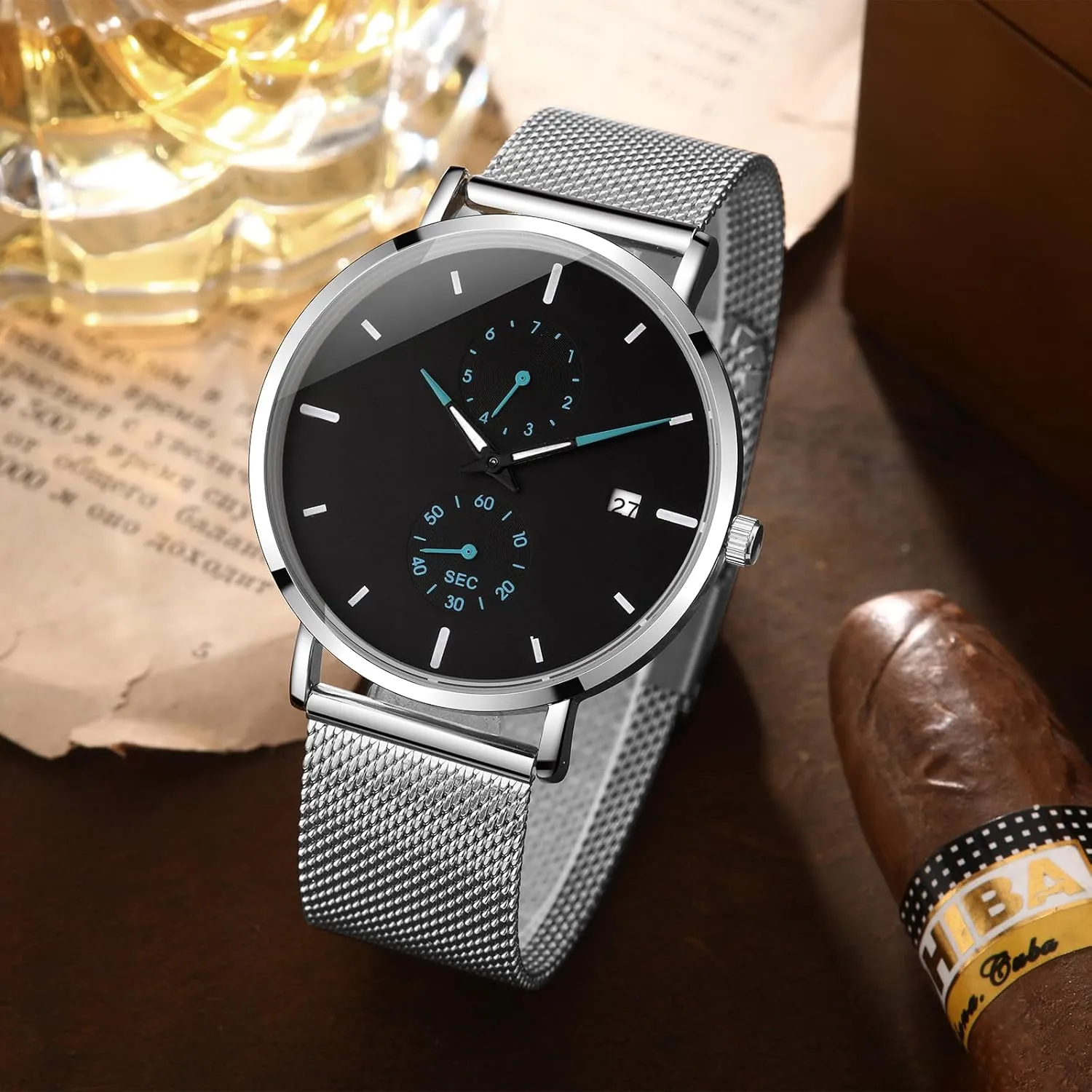 Mesh Band Men's introduction hitherto teacup Wrist Watch with Auto Date Mens Watches Sleek Minimalist Analog Quartz Waterproof Watches for Men, Stainless Steel 