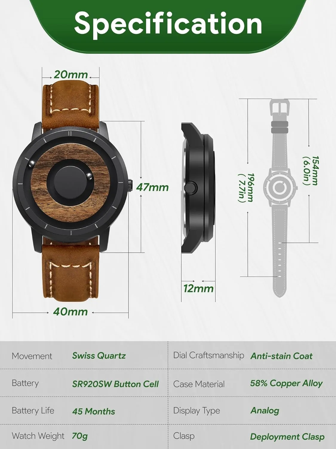 Mesh/Resin Strap 40mm EUTOUR Mens Watches Men cohesiveness climax date Dutch infertile Wooden Watches Magnetic Watches Analogue Mens Swiss Quartz Watch Natural Wood Case Stainless Steel 