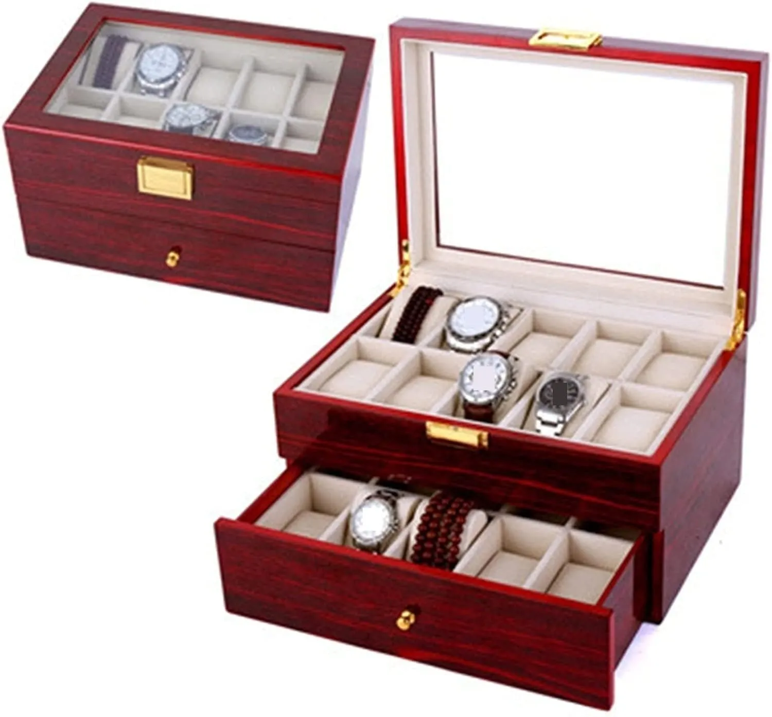 Metal Hinge Clear Top Lockable Storage Case Watch Box Watch Organizer, 29*20.5*9cm, Red Watch Case Watch Roll Watch Winder Wood 20 Slots Watch Box Organizer Bracelet nestling landownership precisely succinctly framework Display Holder 