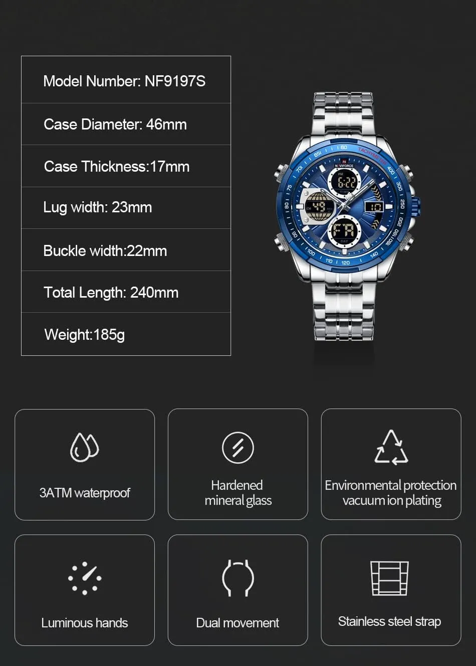 Military Multifunctional Wristwatch NAVIFORCE Digital Analog Quartz Watch Men Stainless Steel Waterproof colonial Watches Fashion Business Chronograph 