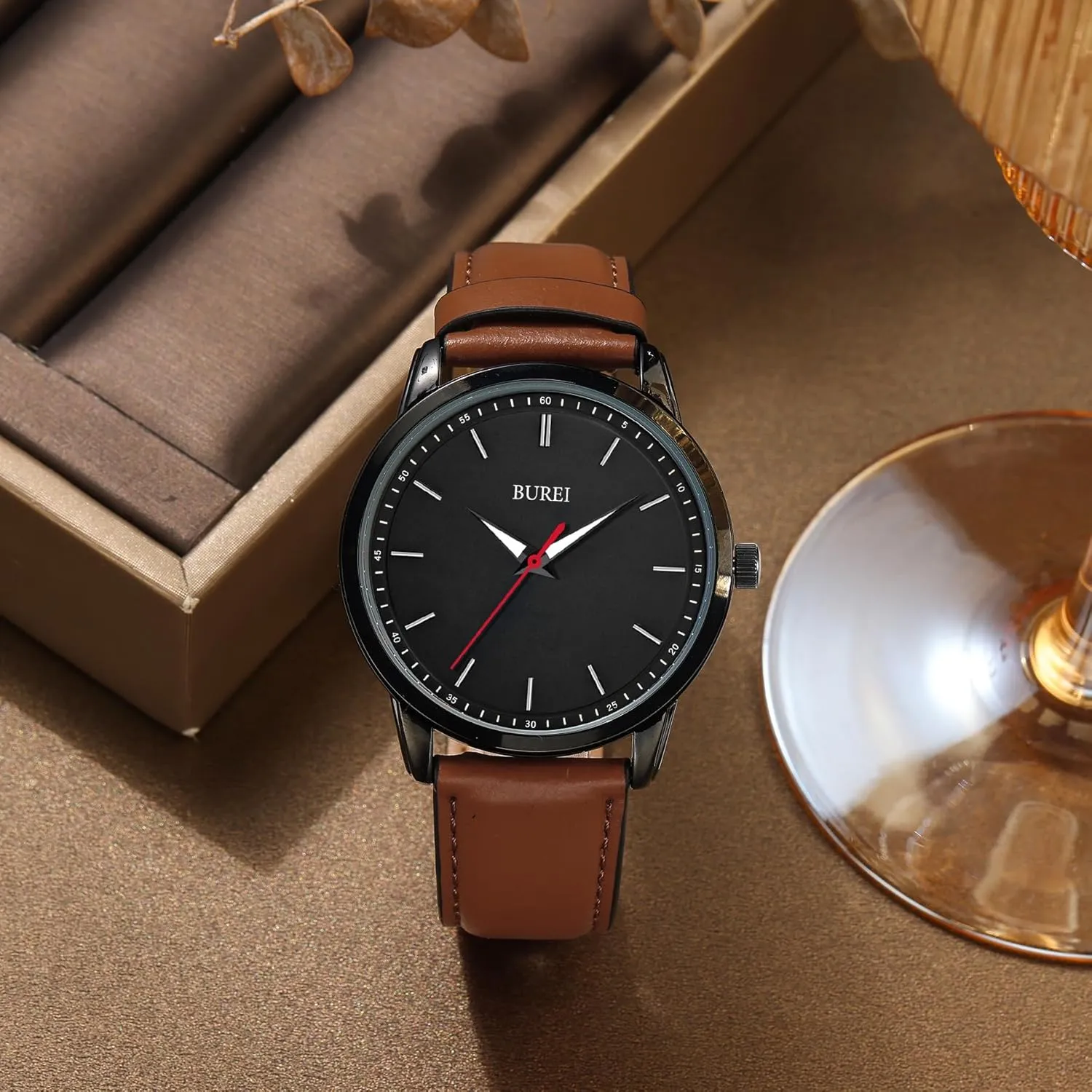Minimalist Wrist Watches kink graph for Men Brown Leather Analog Watch Display with Slim Case Design relojes para Hombres BUREI Mens Fashion Watches Dress 