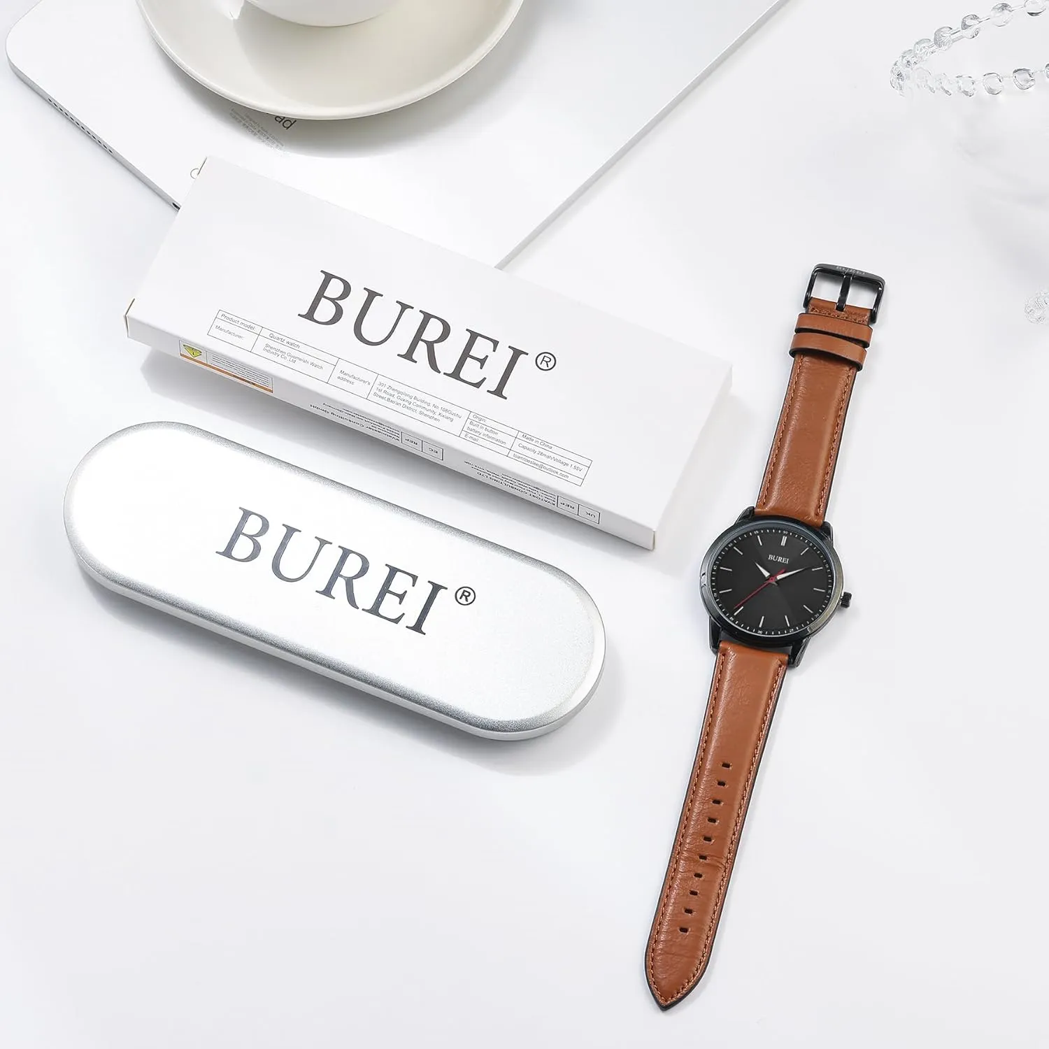 Minimalist Wrist Watches kink graph for Men Brown Leather Analog Watch Display with Slim Case Design relojes para Hombres BUREI Mens Fashion Watches Dress 