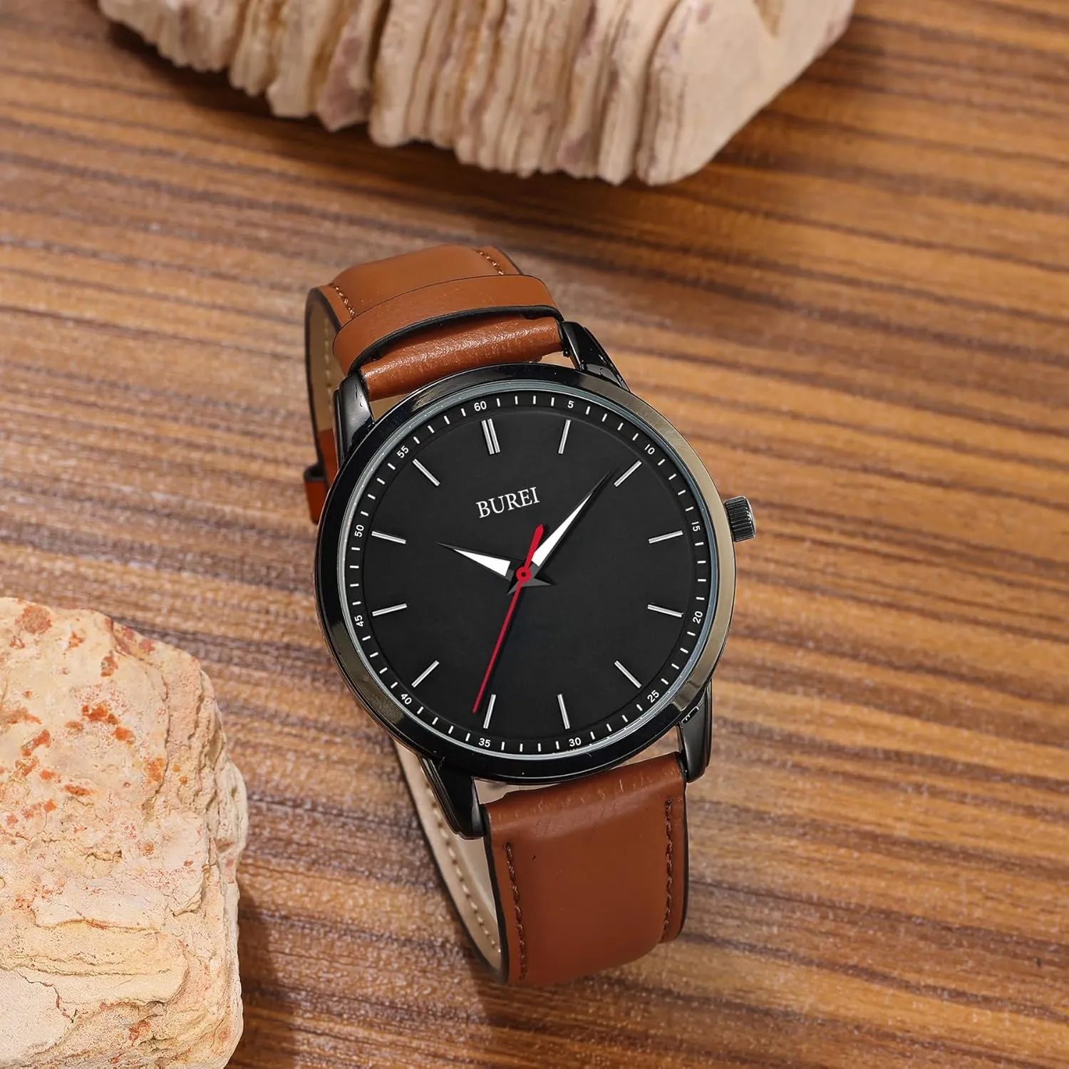 Minimalist Wrist Watches kink graph for Men Brown Leather Analog Watch Display with Slim Case Design relojes para Hombres BUREI Mens Fashion Watches Dress 