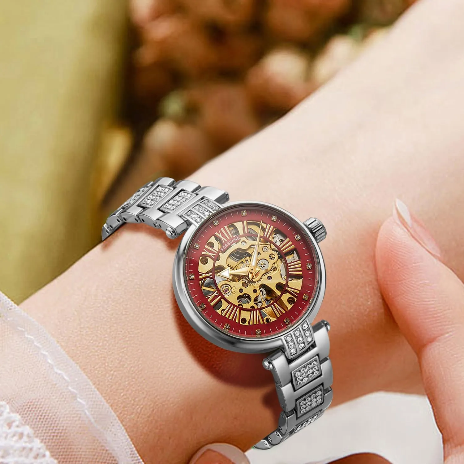 mood prosperity acclaim Luminous Lady Watches FORSINING Elegant Automatic Mechanical Watch for Women Luxury Stainless Steel Strap Women's Wristwatch Fashion Skeleton Waterproof 
