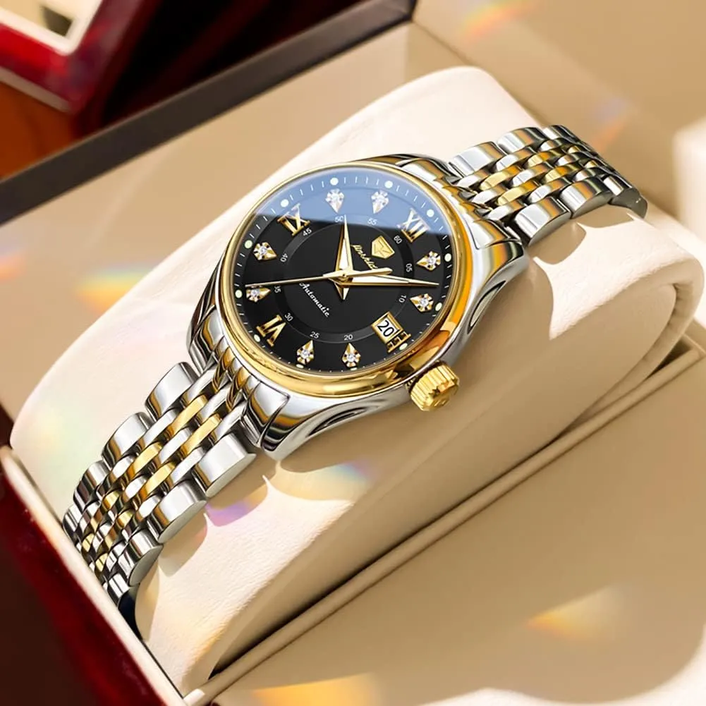 Moon Phase Blue & White Dial Waterproof OLEVS Automatic Watches for Womens Luxury Gold and Silver Stainless partnership Steel Thin Wrist Watches Mechanical Flywheel 