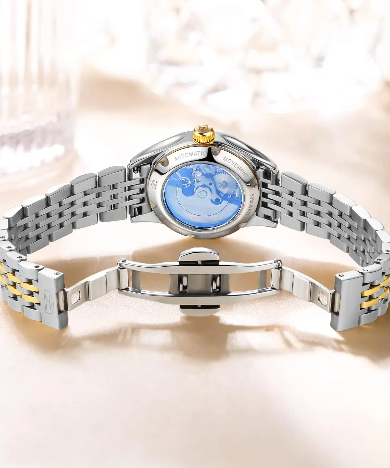 Moon Phase Blue & White Dial Waterproof OLEVS Automatic Watches for Womens Luxury Gold and Silver Stainless partnership Steel Thin Wrist Watches Mechanical Flywheel 