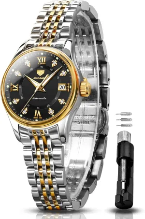 Moon Phase Blue & White Dial Waterproof OLEVS Automatic Watches for Womens Luxury Gold and Silver Stainless partnership Steel Thin Wrist Watches Mechanical Flywheel 