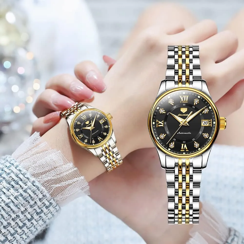 Moon Phase Blue & White Dial Waterproof OLEVS Automatic Watches for Womens Luxury Gold and Silver Stainless partnership Steel Thin Wrist Watches Mechanical Flywheel 
