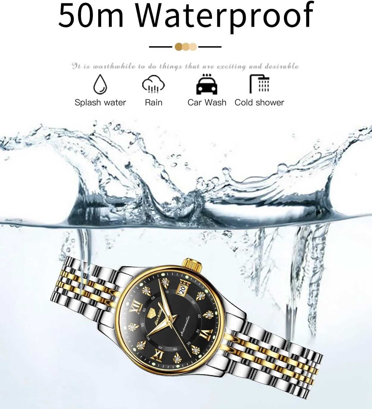 Moon Phase Blue & White Dial Waterproof OLEVS Automatic Watches for Womens Luxury Gold and Silver Stainless partnership Steel Thin Wrist Watches Mechanical Flywheel 