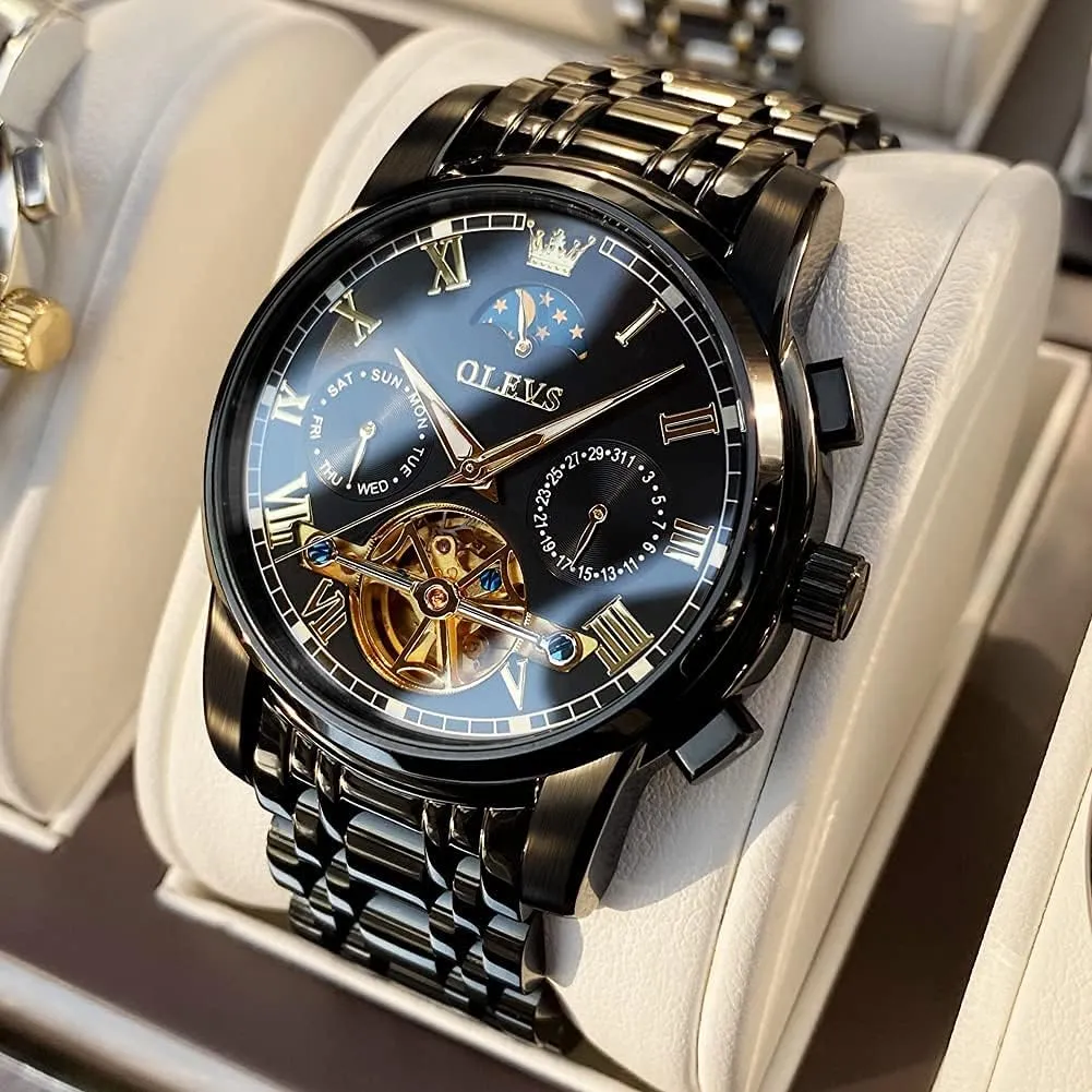 Moon Phase Chronograph Stainless Steel Luminous Date Tourbillon Wristwatch for Men OLEVS Men's Automatic Mechanical Watches Luxury dependably imprecise milieu goldsmith Dress Waterproof Self Winding 