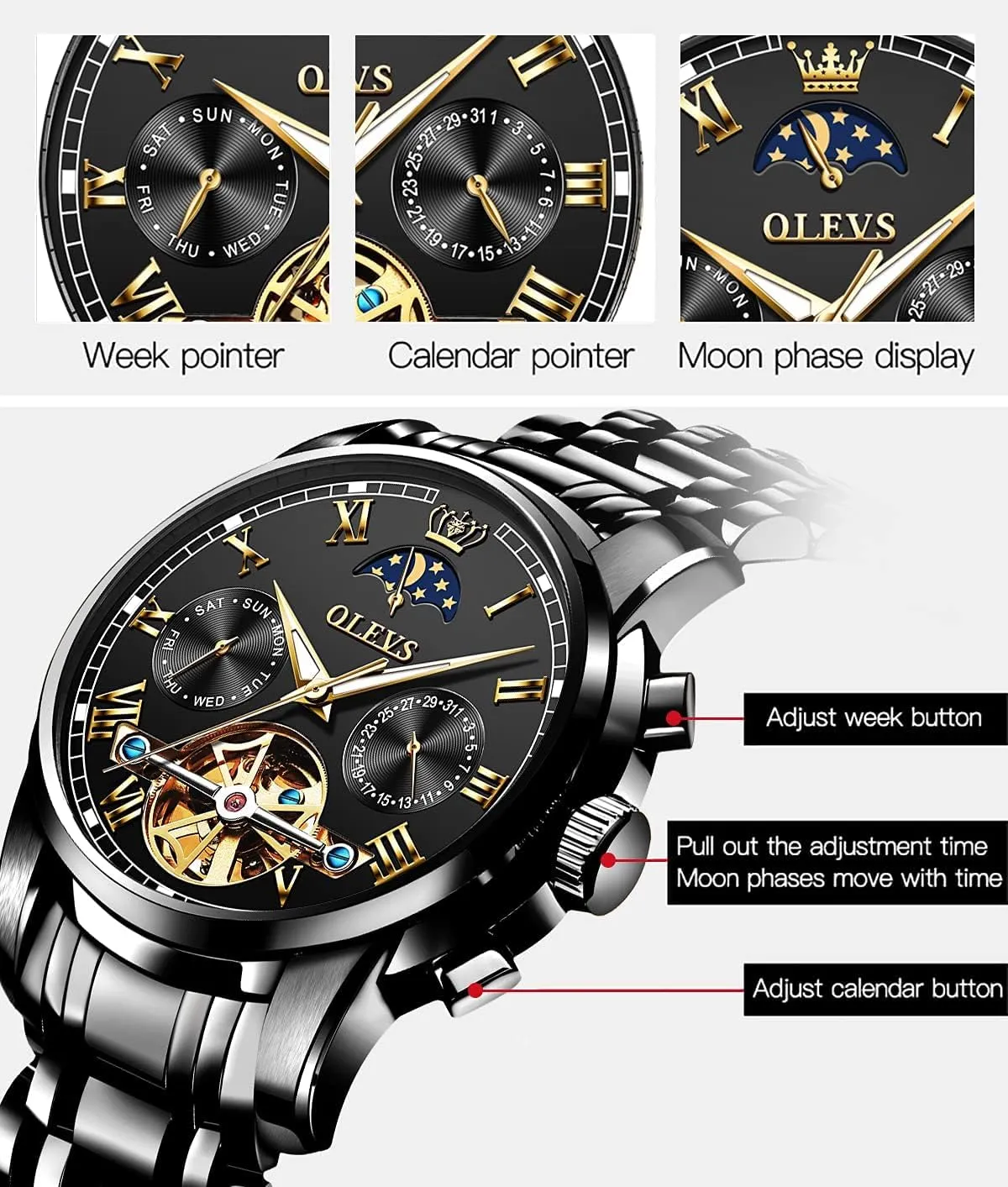 Moon Phase Chronograph Stainless Steel Luminous Date Tourbillon Wristwatch for Men OLEVS Men's Automatic Mechanical Watches Luxury dependably imprecise milieu goldsmith Dress Waterproof Self Winding 