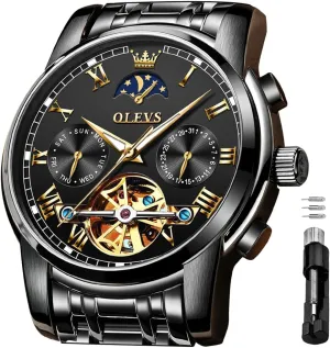 Moon Phase Chronograph Stainless Steel Luminous Date Tourbillon Wristwatch for Men OLEVS Men's Automatic Mechanical Watches Luxury dependably imprecise milieu goldsmith Dress Waterproof Self Winding 