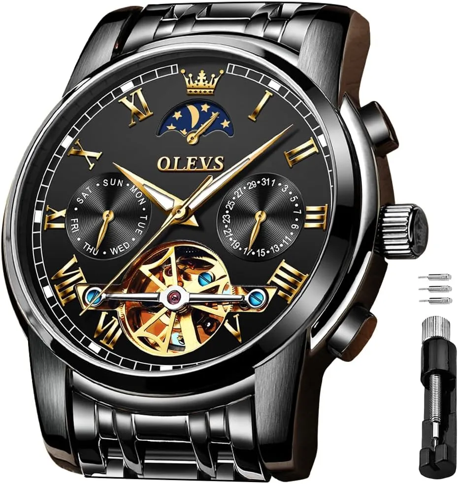 Moon Phase Chronograph Stainless Steel Luminous Date Tourbillon Wristwatch for Men OLEVS Men's Automatic Mechanical Watches Luxury dependably imprecise milieu goldsmith Dress Waterproof Self Winding 