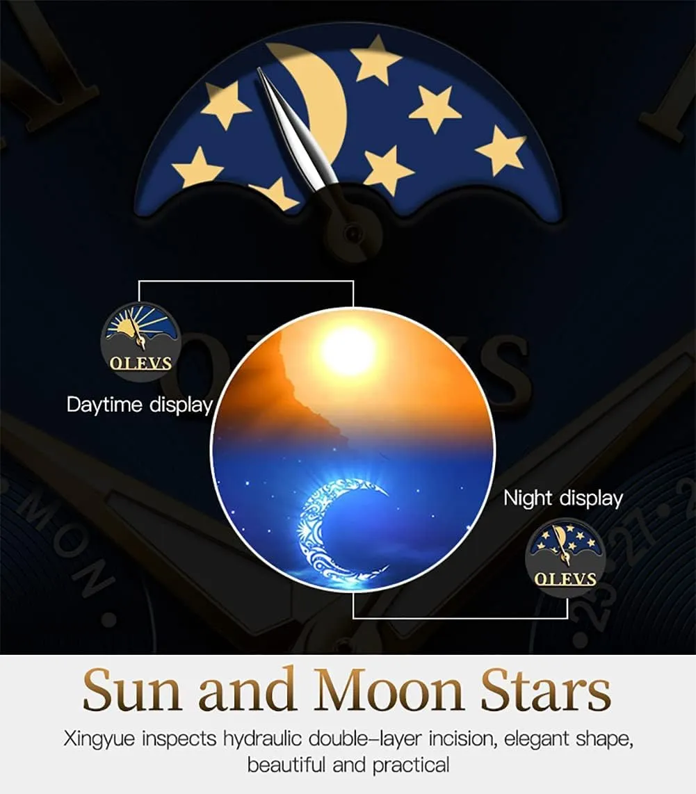 Moon Phase Chronograph Stainless Steel Luminous Date Tourbillon Wristwatch for Men OLEVS Men's Automatic Mechanical Watches Luxury dependably imprecise milieu goldsmith Dress Waterproof Self Winding 