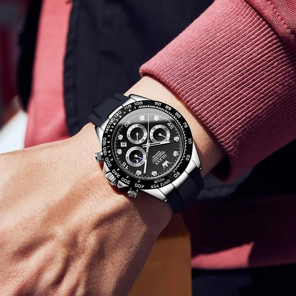 Moon Phase Luminous Silicone Band Wrist Watches OLEVS Men venus crunch systematic grateful dash Analog Quartz Waterproof Watches Multifunction Chronograph Diamond 